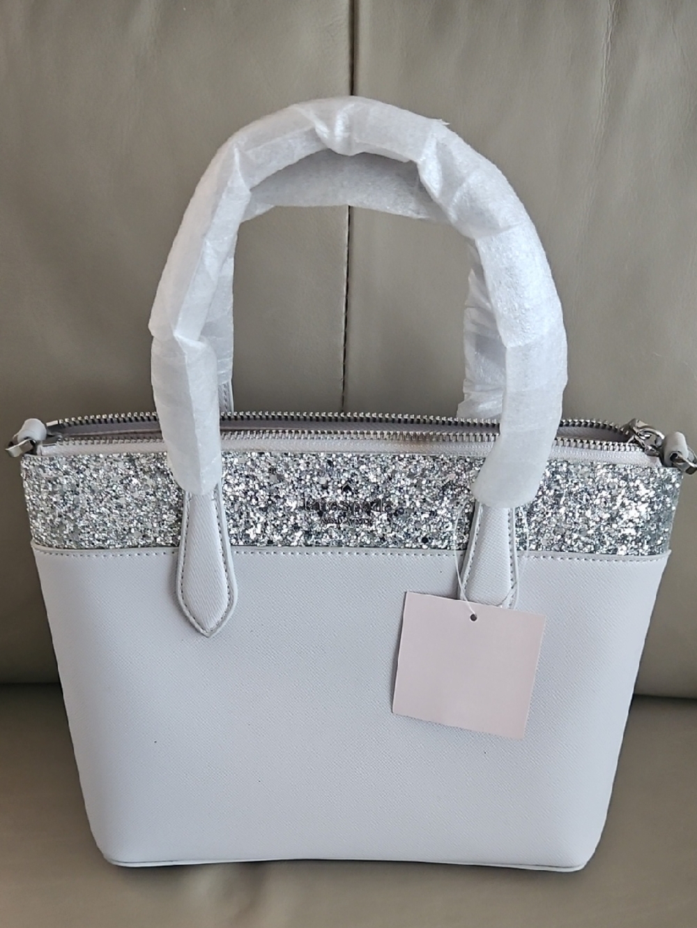 kate spade White/Silver Tote with Silver Glitter Trim